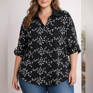 Kindred black floral embroidered collared button-up shirt 3XL Anthropologie NWT